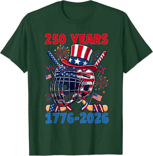 250 Years 1776 2026 250th Anniversary Ice Hockey 4th of July T-Shirt - T-Shirt | Forest