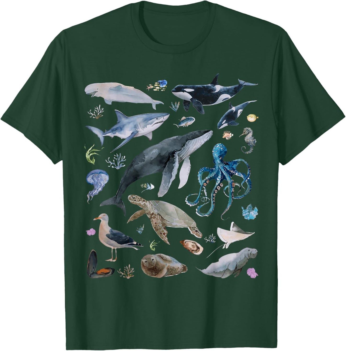 Vintage Ocean Animal Wildlife Shark Turtle Octopus Fish T-Shirt - T-Shirt | Forest