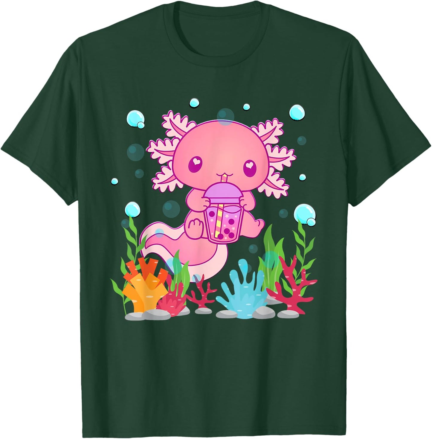 Cute Axolotl Boba Tea Kawaii Anime Teen Girls Kids Boys T-Shirt - T-Shirt | Forest