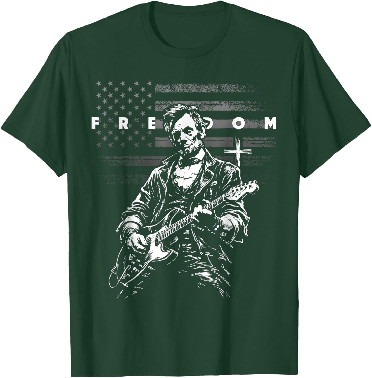 American Flag and Cross Faith Freedom Abe Lincoln Guitar T-Shirt - T-Shirt | Forest
