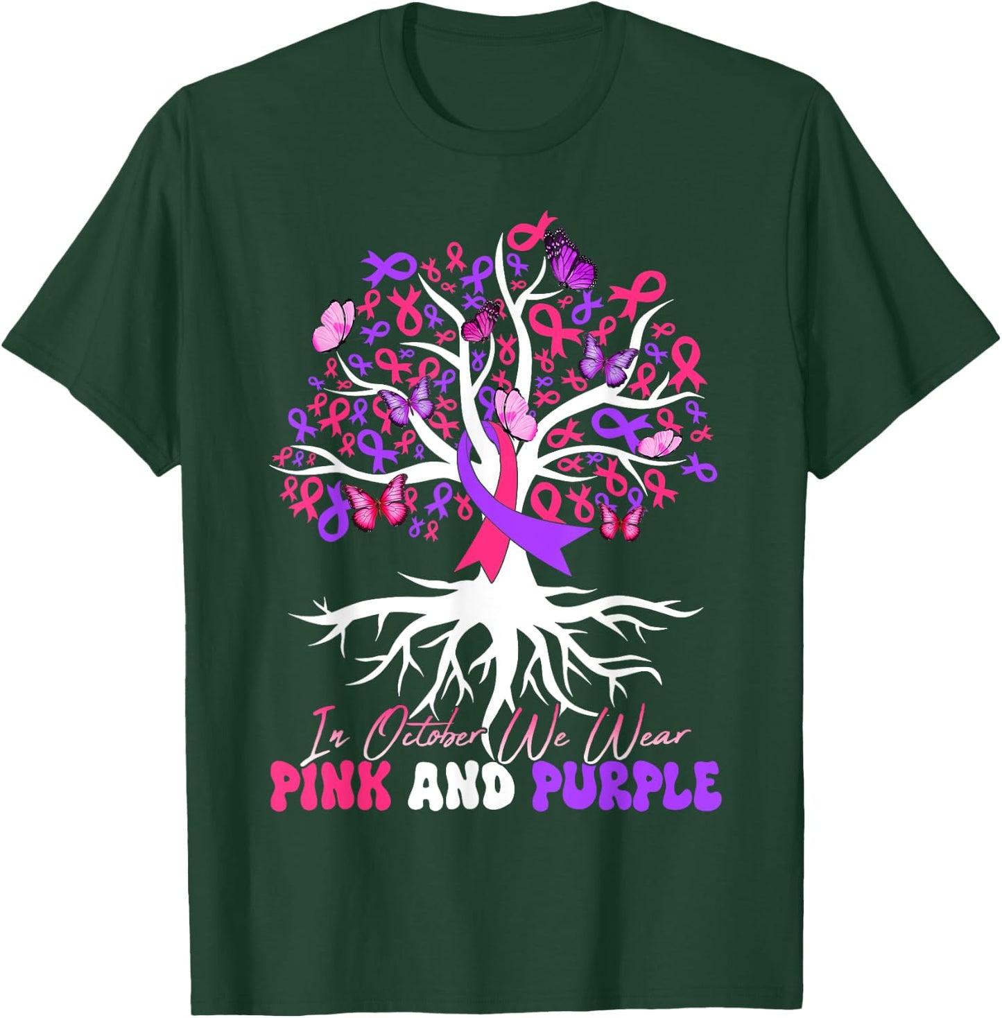 Domestic Violence Breast Cancer Awareness Month Ribbon Tree T-Shirt - T-Shirt | Forest