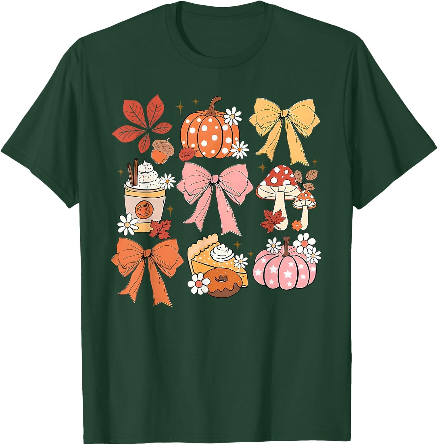 Coquette Bow Pumpkin Season Thanksgiving Autumn Fall Leaves T-Shirt - T-Shirt | Forest