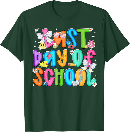 Last Day of School Colorful Coquette Bow Teacher Kids Girls T-Shirt - T-Shirt | Forest