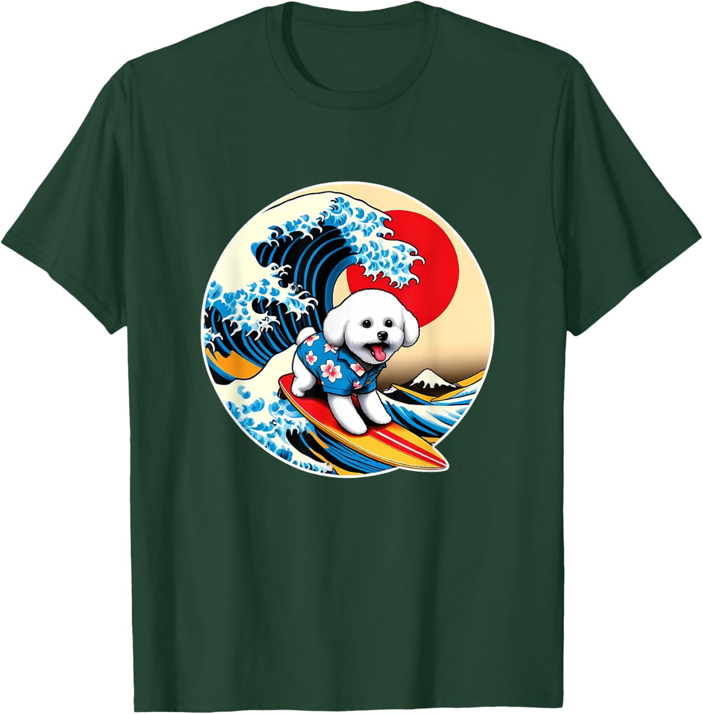 Great Wave Kanagawa Bichon Frise Dog Surfing T-Shirt - T-Shirt | Forest
