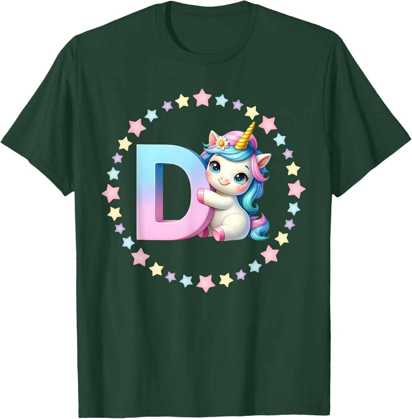 Unicorn Letter D Initial Rainbow Monogram for Girls and Kids T-Shirt - T-Shirt | Forest