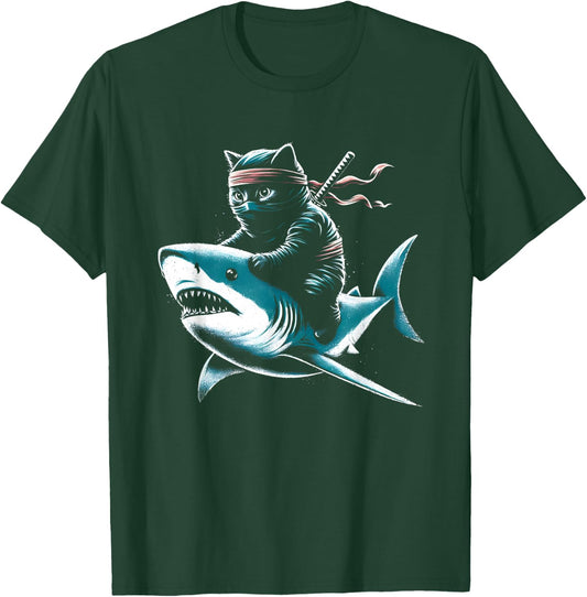 Ninja Cat Riding Shark - Funny Graphic Cat Kitten Lover Women Kids T-Shirt - T-Shirt | Forest