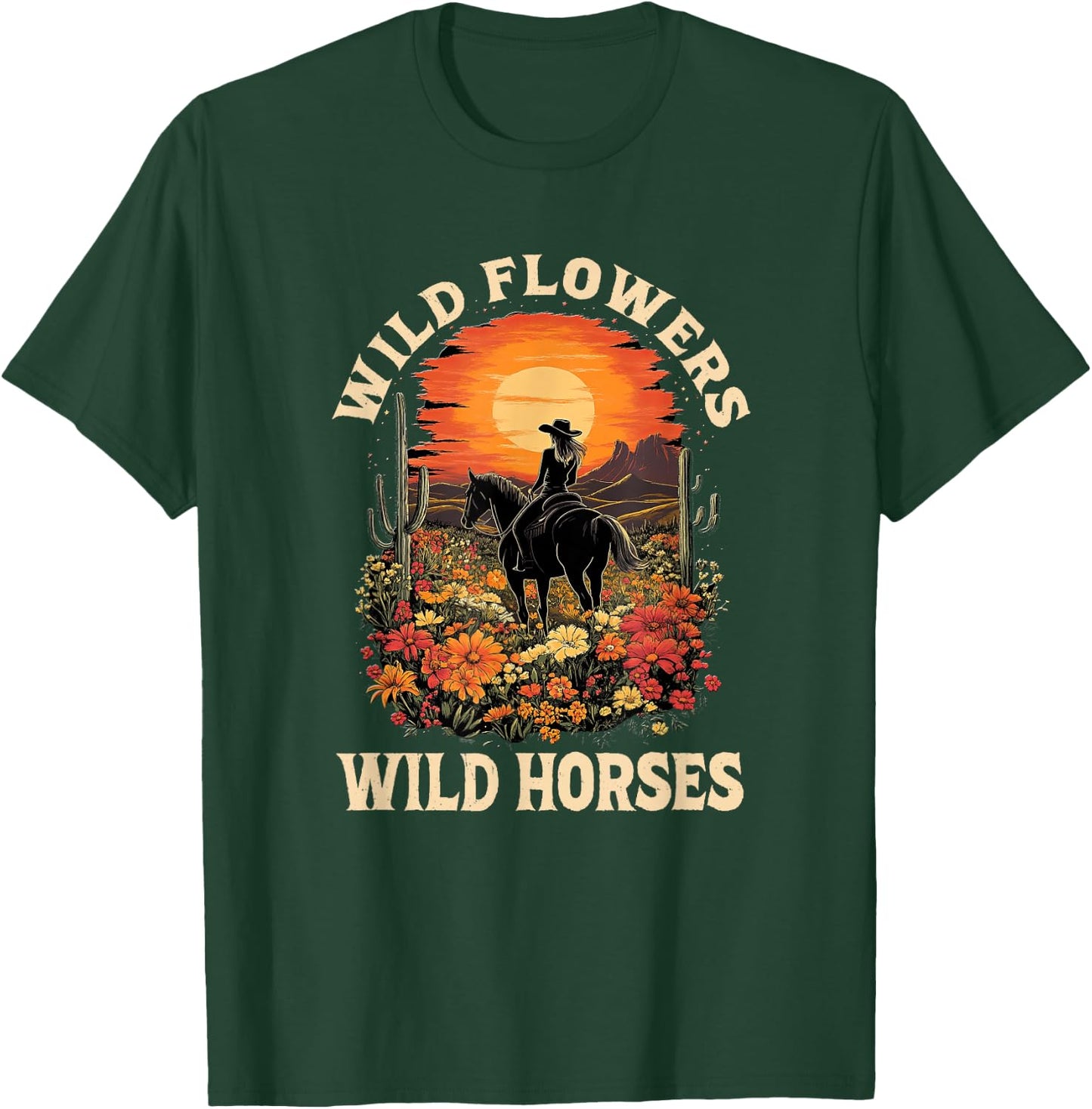 Western Sunset Cowgirl Riding Horse Wild Flowers Wild Horses T-Shirt - T-Shirt | Forest