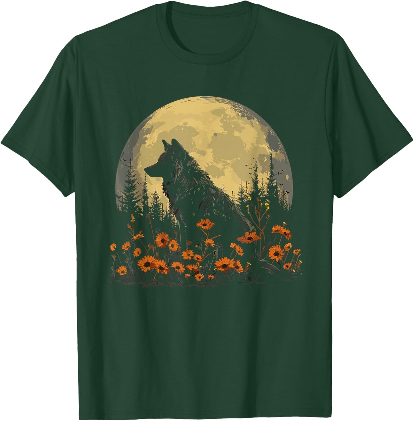 Wolf Floral Full Moon Wolves Flowers T-Shirt - T-Shirt | Forest
