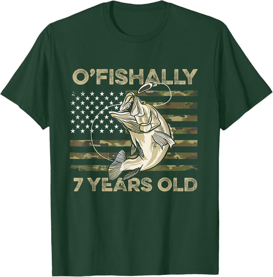 Ofishally 7 Year Old Shirt 7th Birthday US Flag Fishing T-Shirt - T-Shirt | Forest