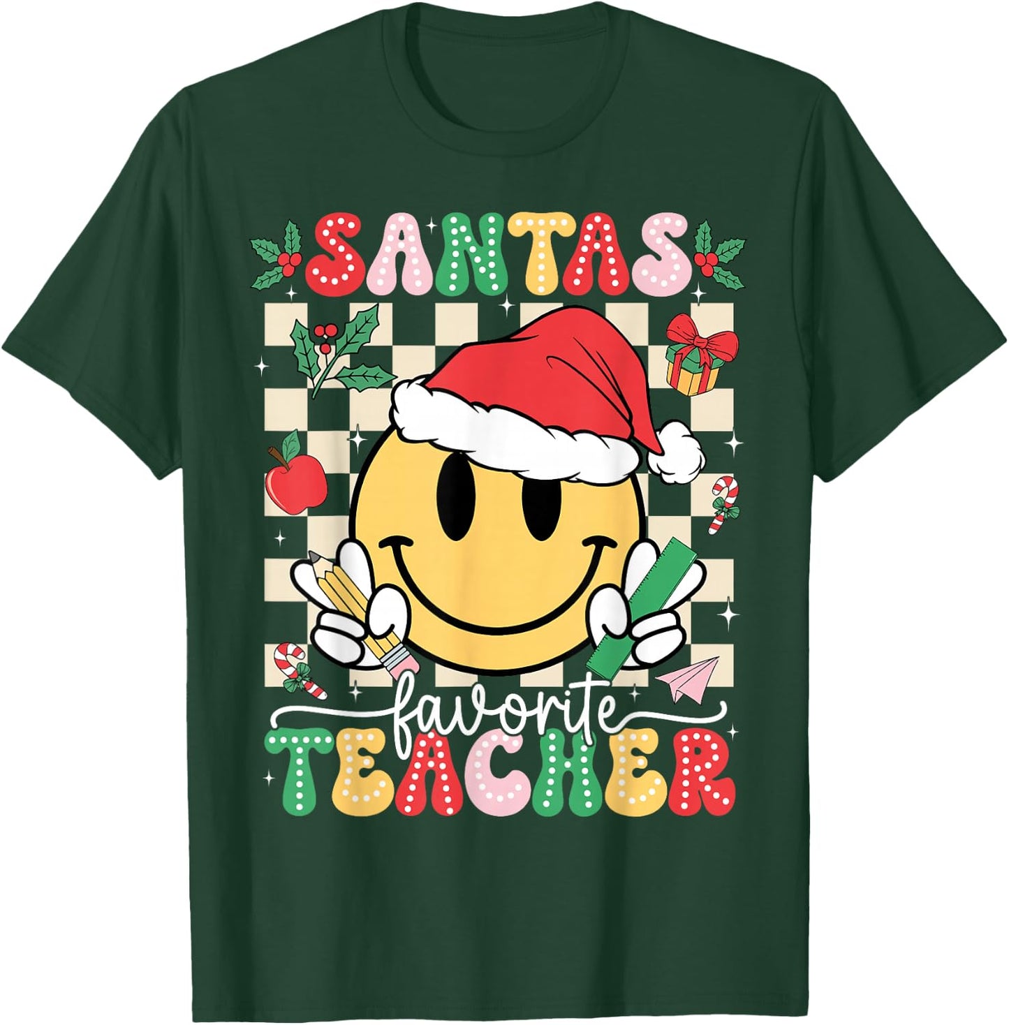 Santas Favorite Teacher Retro Groovy Smile Face Christmas T-Shirt - T-Shirt | Forest
