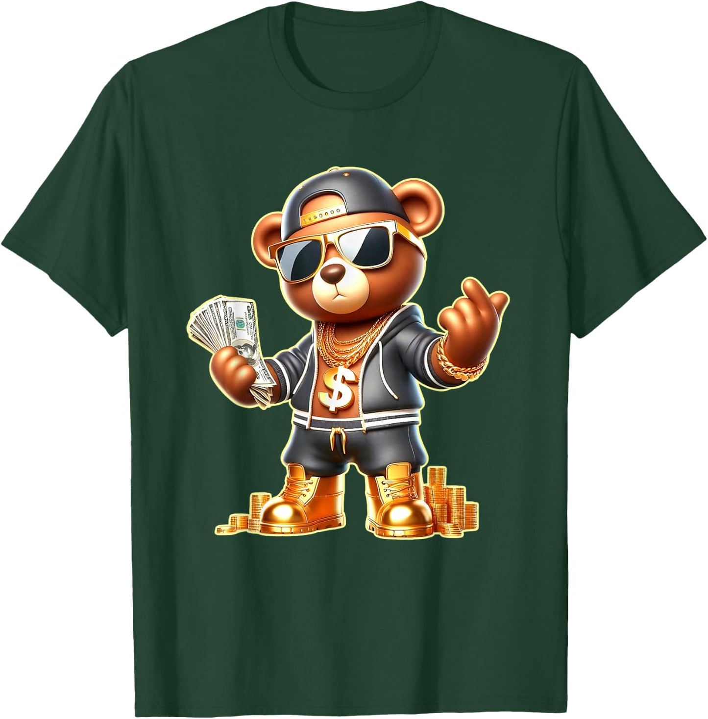 Golden Teddy Bear Money Stacks Golden Chain Gangsta T-Shirt - T-Shirt | Forest