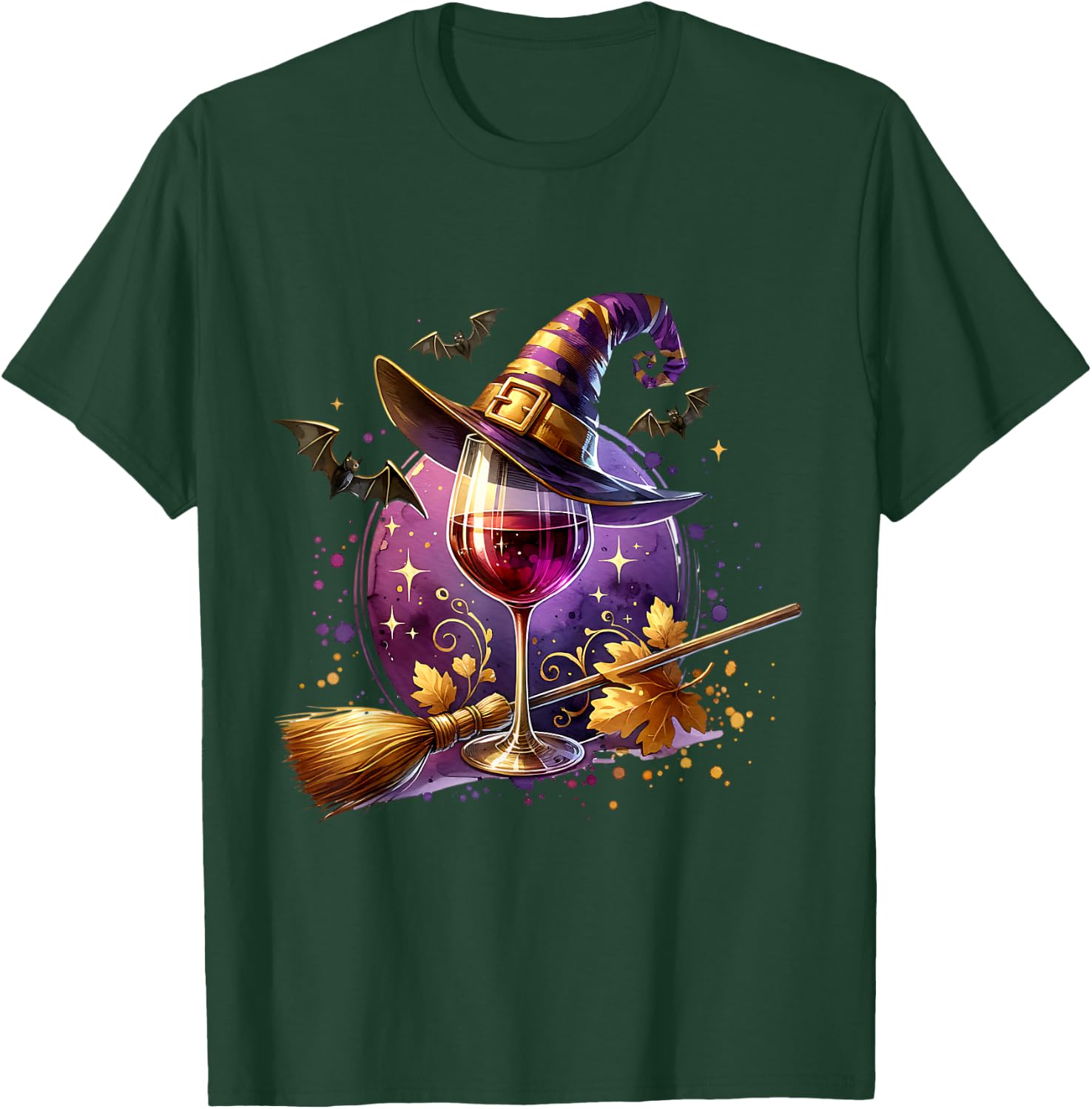 Halloween Witch Hat Wine Glass Cute Wine Lover Halloween T-Shirt - T-Shirt | Forest