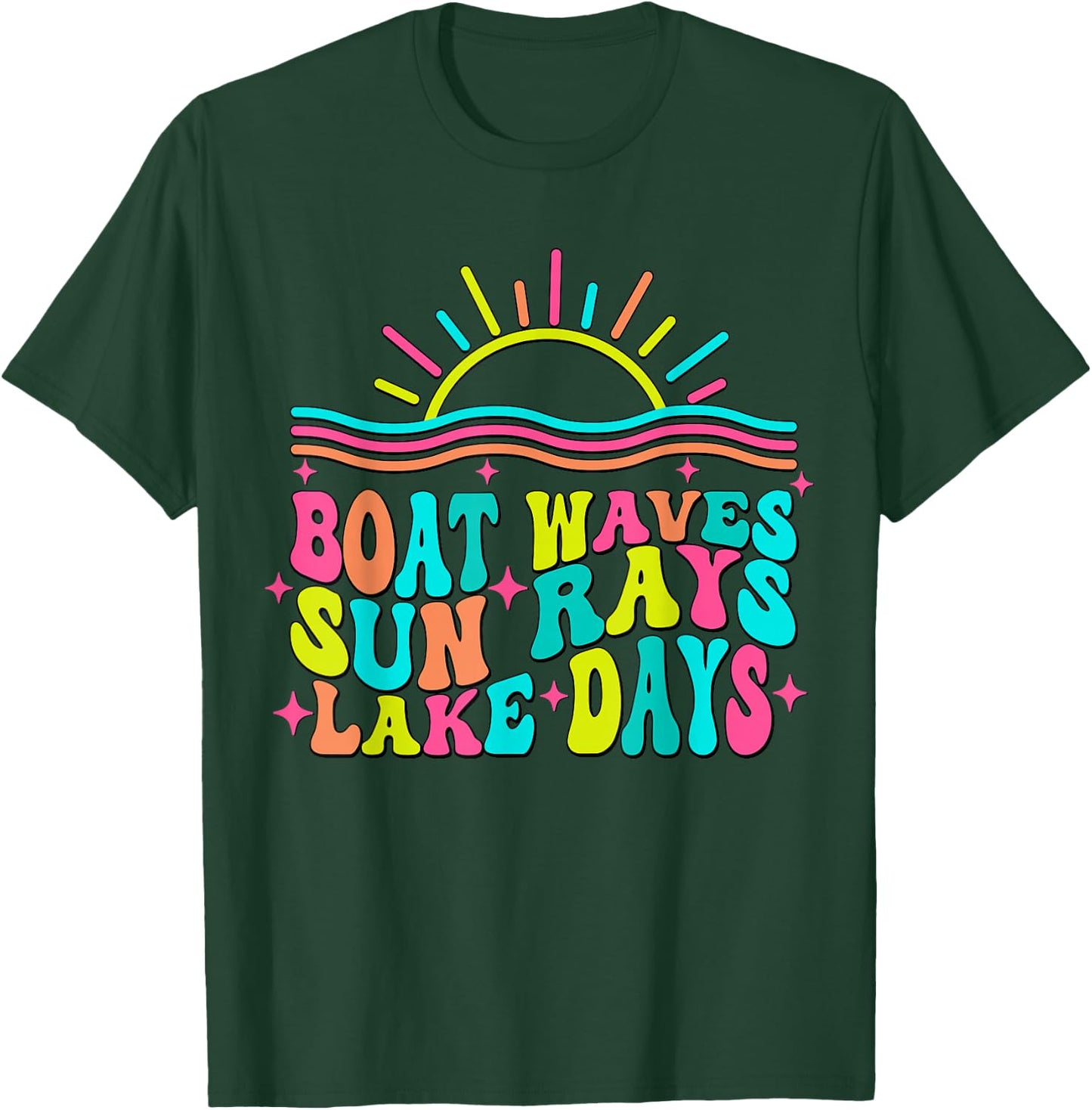 Boat Waves Sun Rays Lake Days Retro Summer vacation T-Shirt - T-Shirt | Forest