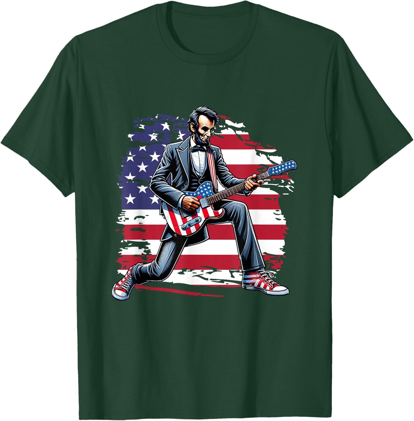 American Flag Patriotic Rock Guitar Abe Lincoln 4th Of July T-Shirt - T-Shirt | Forest