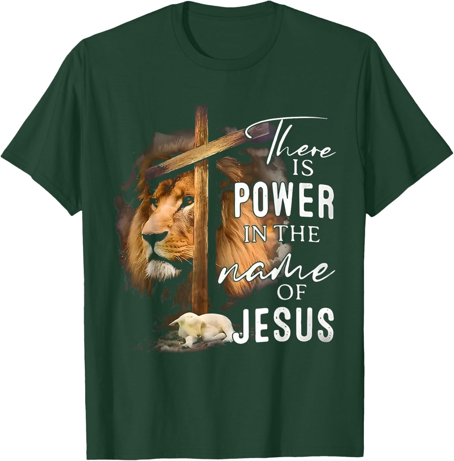 There is Power in the Name Jesus Faith Lion Christian Christ T-Shirt - T-Shirt | Forest