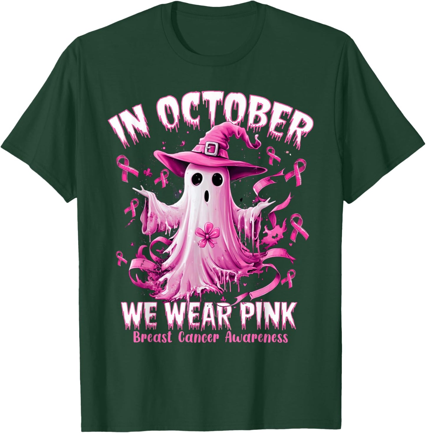 In October We Wear Pink Ghost Witch Breast Cancer Awareness T-Shirt - T-Shirt | Forest