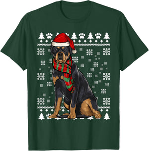 Rottweiler Dog Santa Hat Xmas Ugly Christmas T-Shirt - T-Shirt | Forest