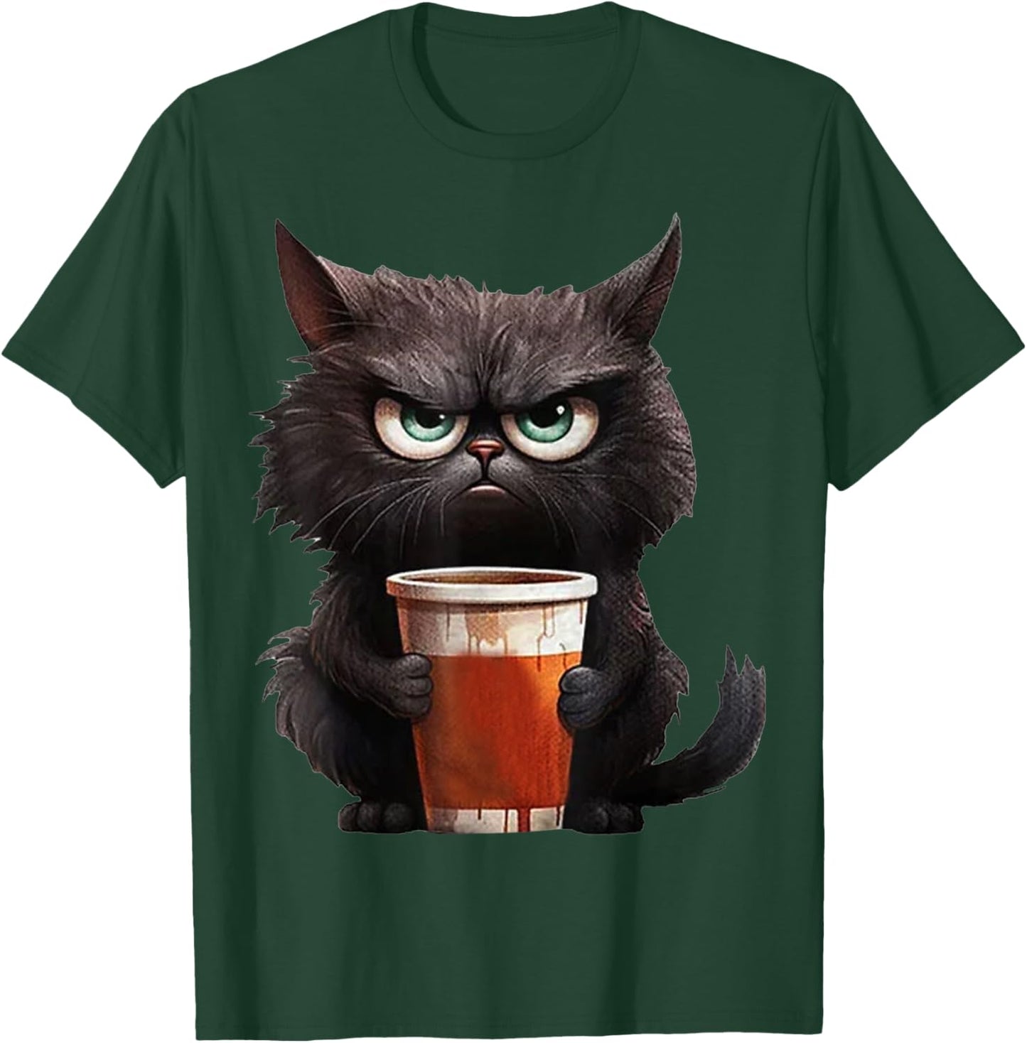 Cute Black Cat drinking coffee cup - Grumpy angry black cat Men Women Kids T-Shirt - T-Shirt | Forest
