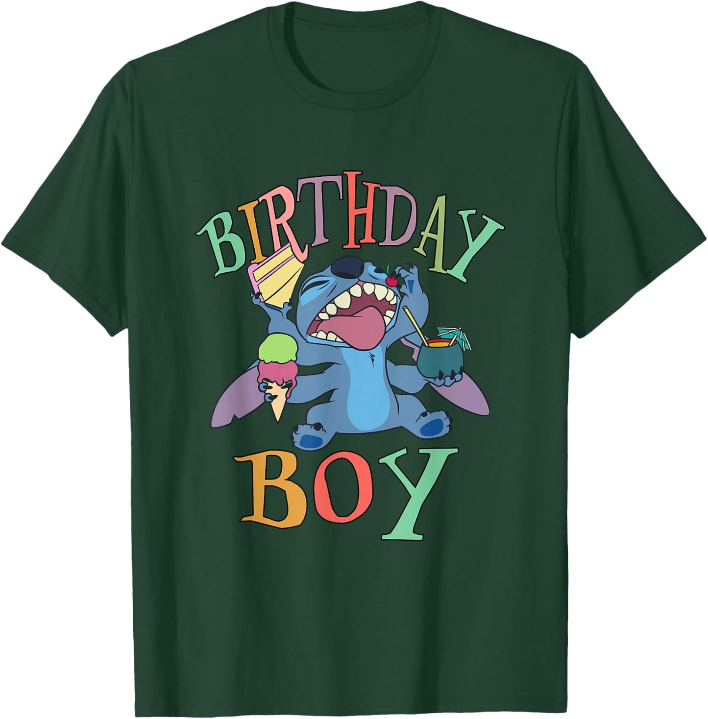 Disney Lilo & Stitch Birthday Boy Stitch Enjoying Big Logo T-Shirt - T-Shirt | Forest