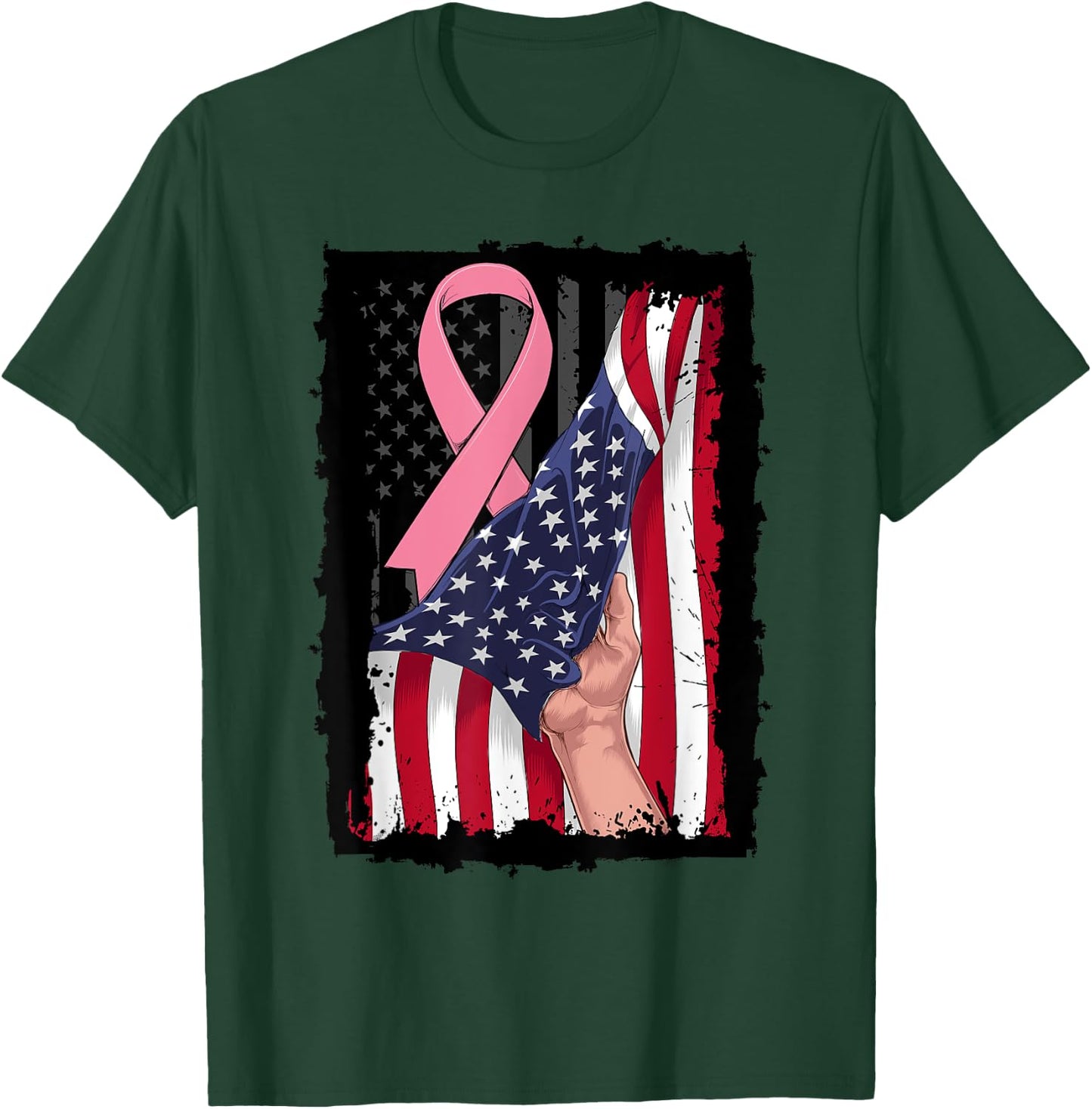 Pink Breast Cancer Awareness American USA Flag 4th of July Women Kids Men T-Shirt - T-Shirt | Forest