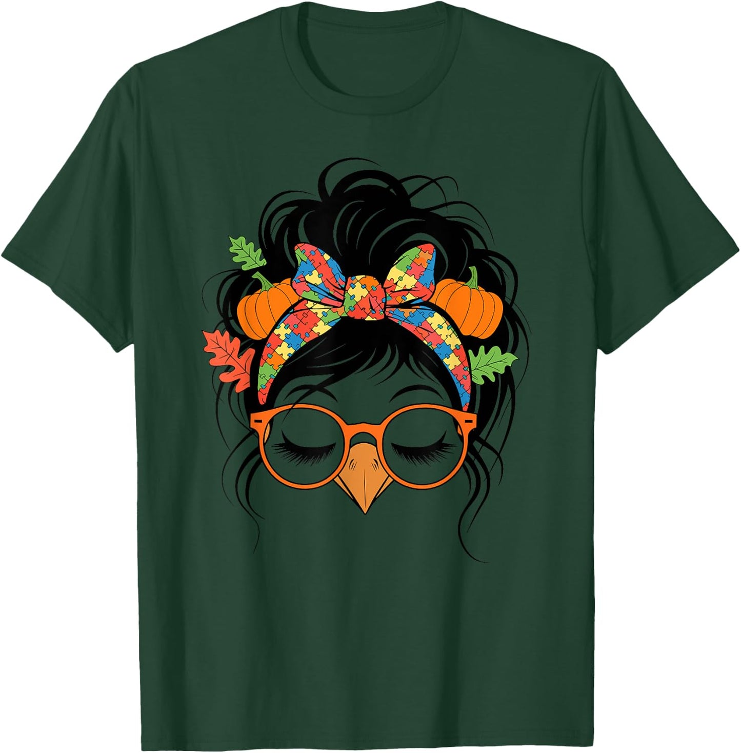 Autism Messy Bun Hair Turkey Fall Thanksgiving Girls T-Shirt - T-Shirt | Forest