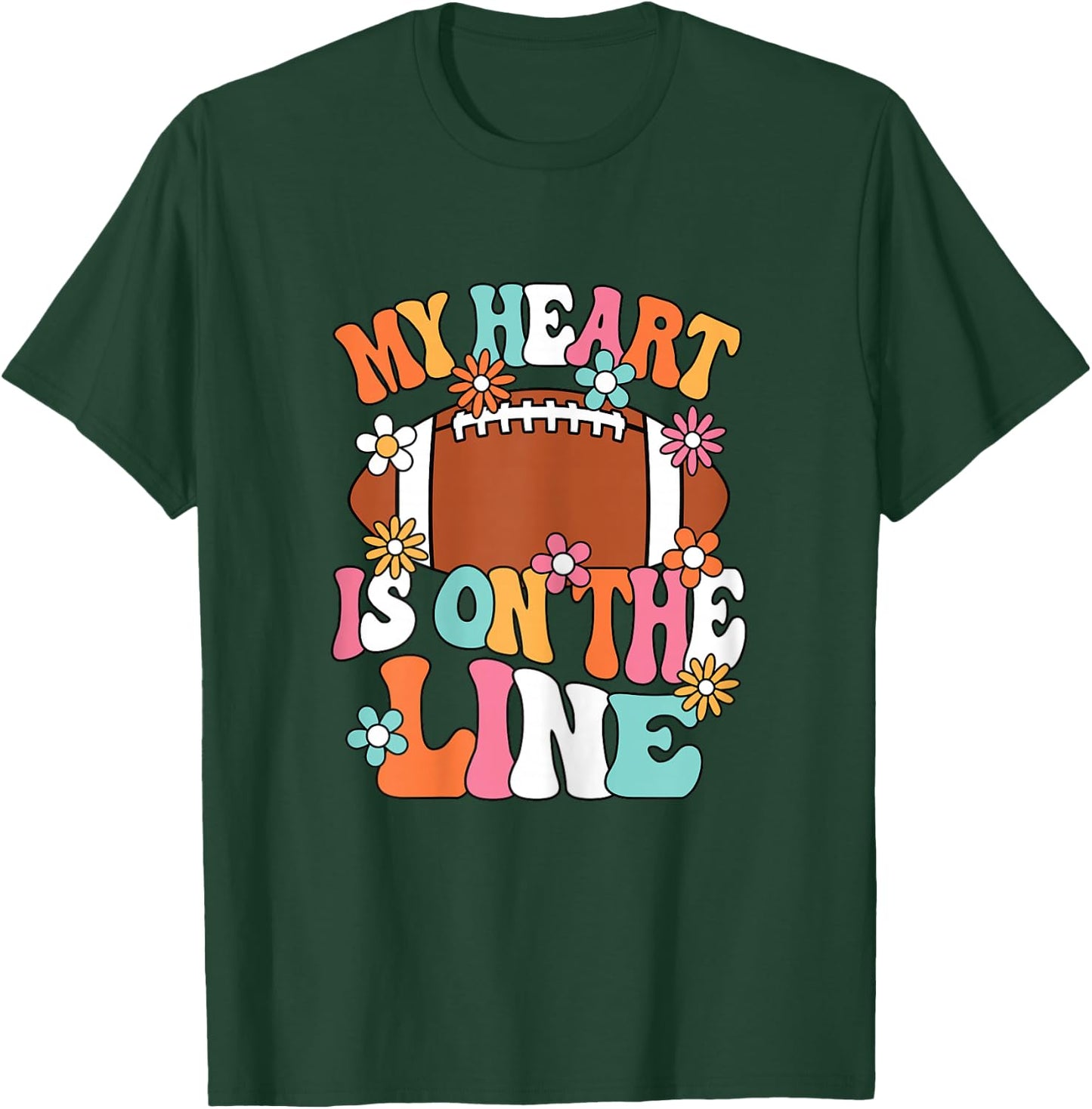 My Heart Is On The Line Groovy Women Football Mom Grandma T-Shirt - T-Shirt | Forest