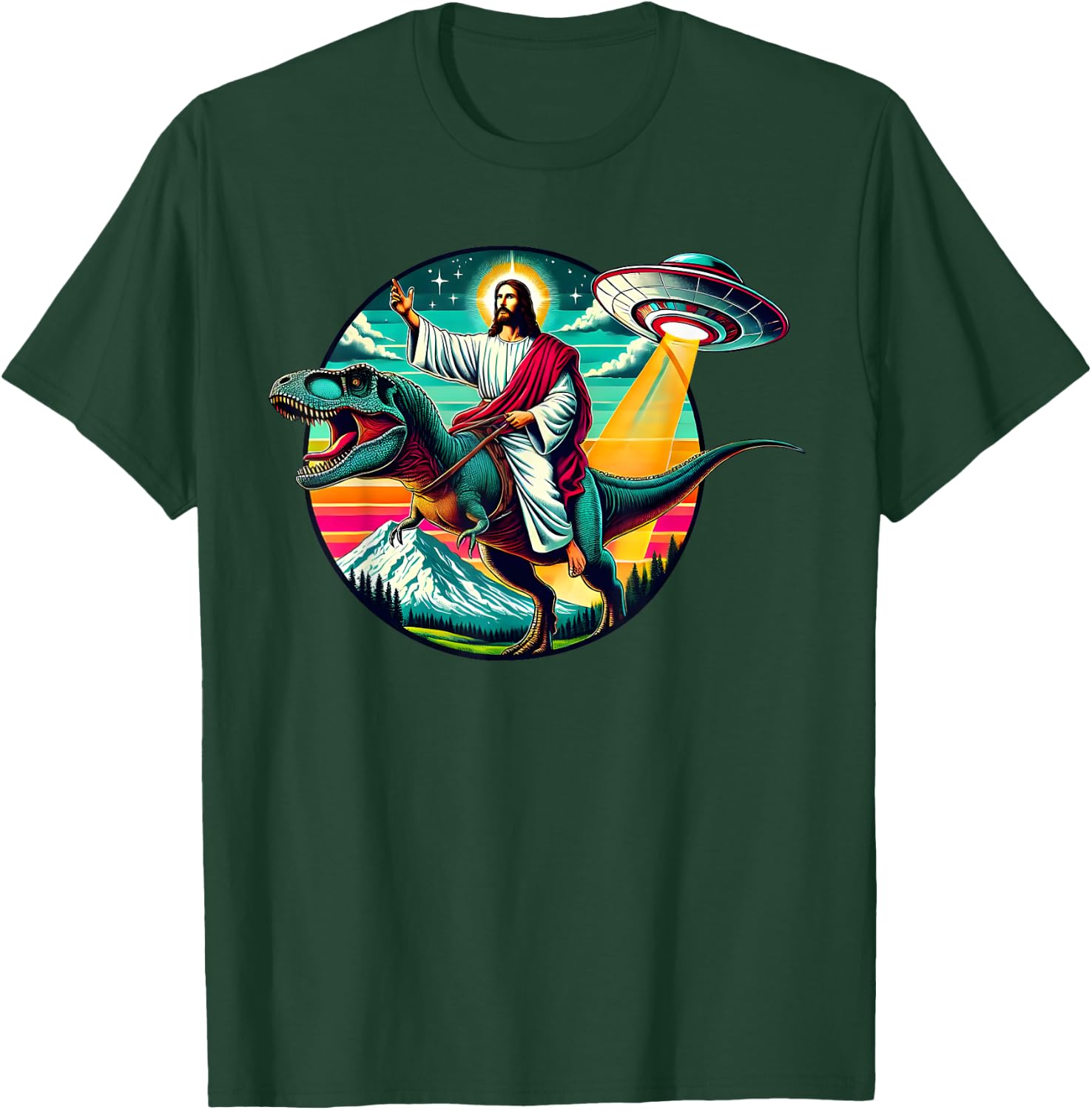 Jesus Riding Dinosaur UFO Alien Cross Religious Retro God T-Shirt - T-Shirt | Forest