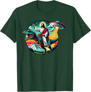 Jesus Riding Dinosaur UFO Alien Cross Religious Retro God T-Shirt - T-Shirt | Forest