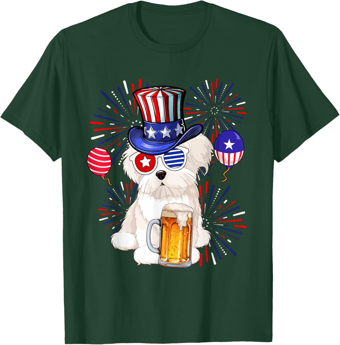 Maltese Sunglasses Drinking Beer 4th Of July Owner Lover T-Shirt - T-Shirt | Forest