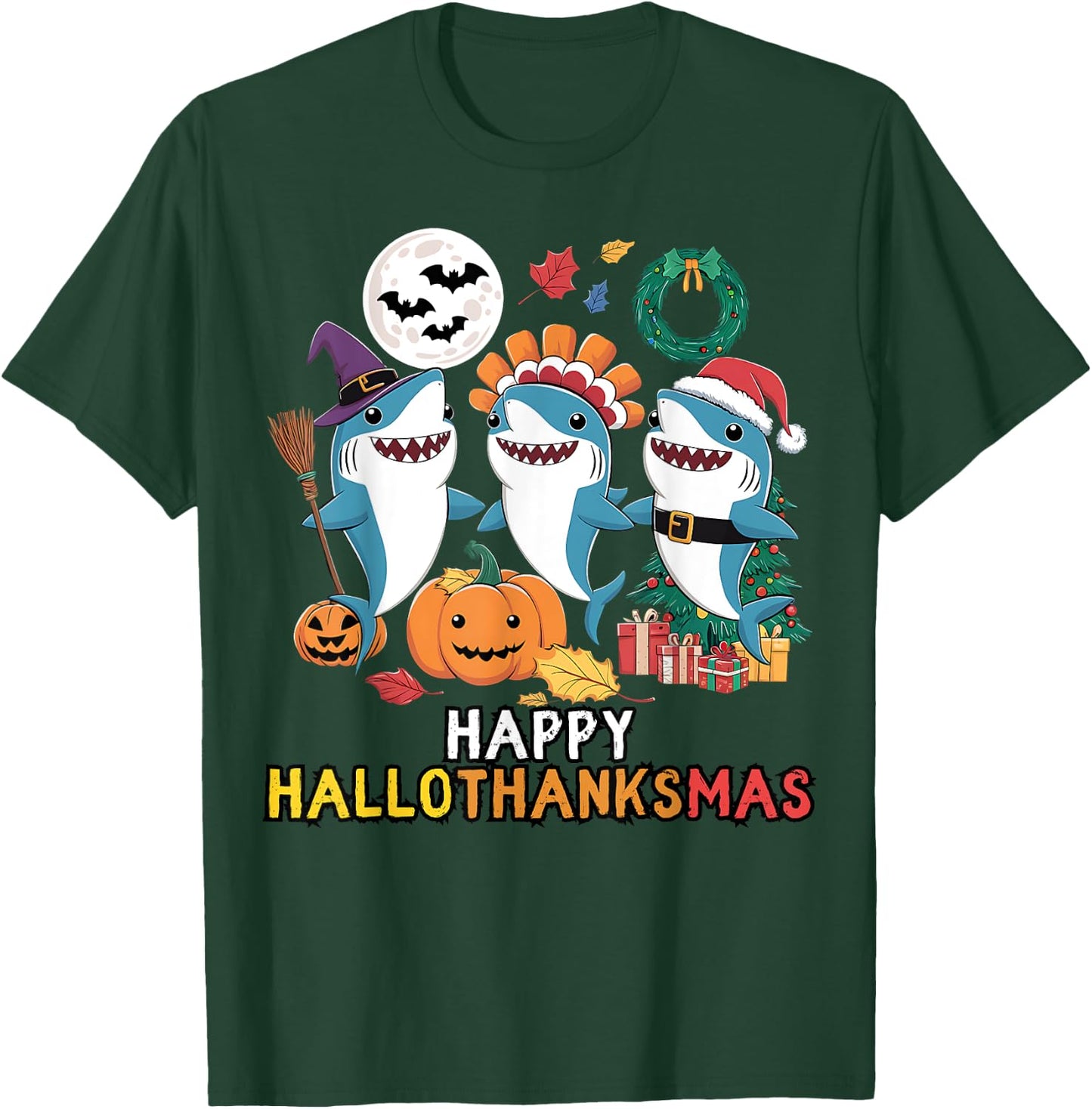 Happy Hallothanksmas Christmas Halloween, Shark Thanksgiving T-Shirt - T-Shirt | Forest