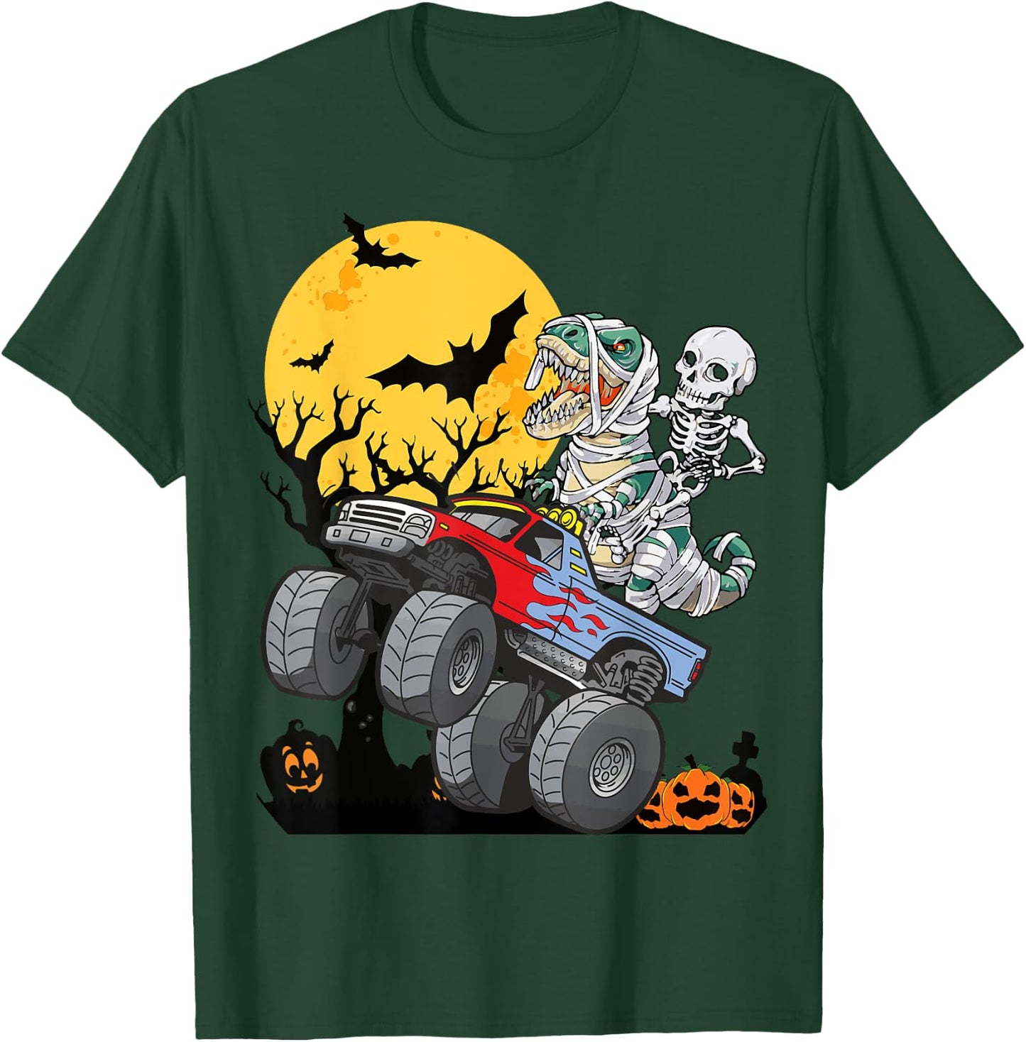 Boys Halloween Monster Truck Pumpkin Mummy Dinosaur T rex T-Shirt - T-Shirt | Forest