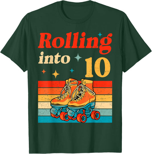 Rolling Into 10 Years Old Retro Roller Skater 10th Birthday T-Shirt - T-Shirt | Forest