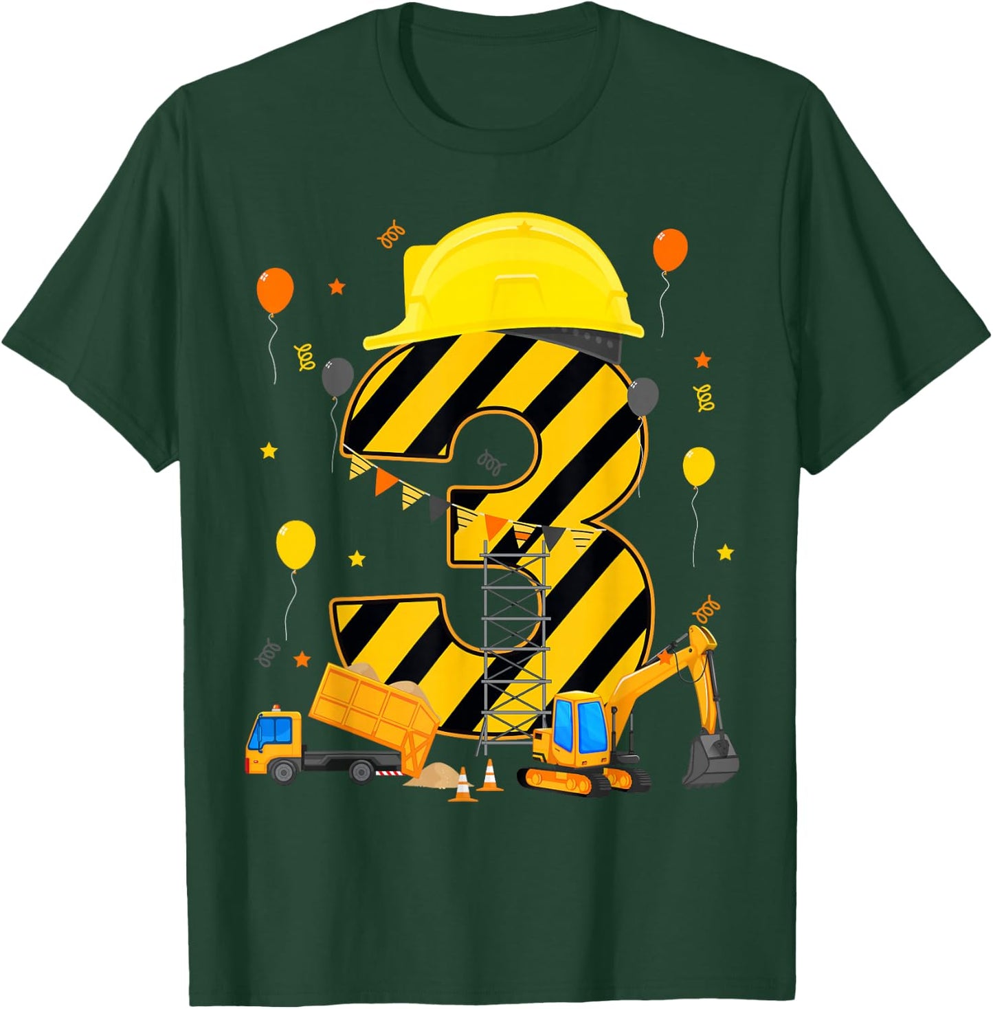Three 3yr 3rd Birthday Construction Vehicles 3 Year Old T-Shirt - T-Shirt | Forest