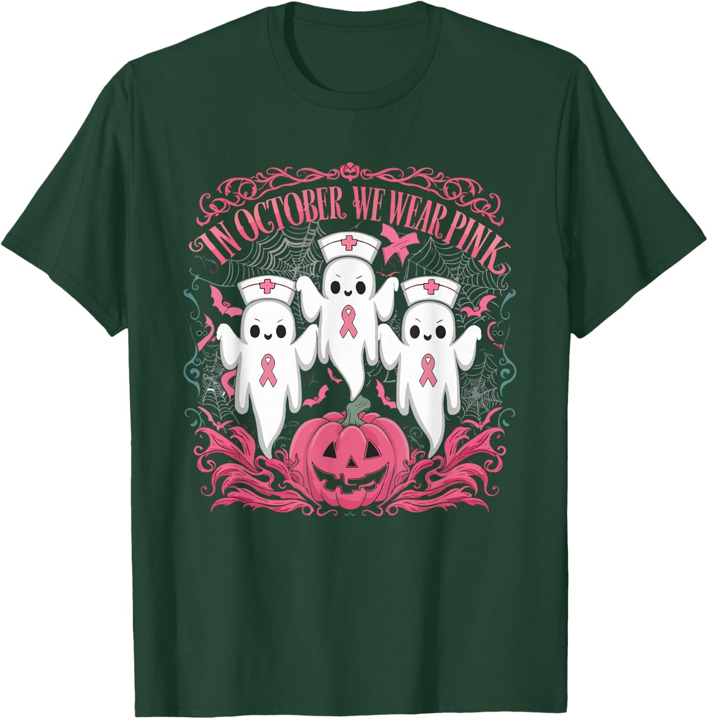In October We Wear Pink Ribbon Nurse Ghost Halloween T-Shirt - T-Shirt | Forest