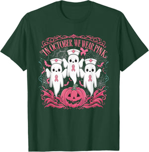 In October We Wear Pink Ribbon Nurse Ghost Halloween T-Shirt - T-Shirt | Forest