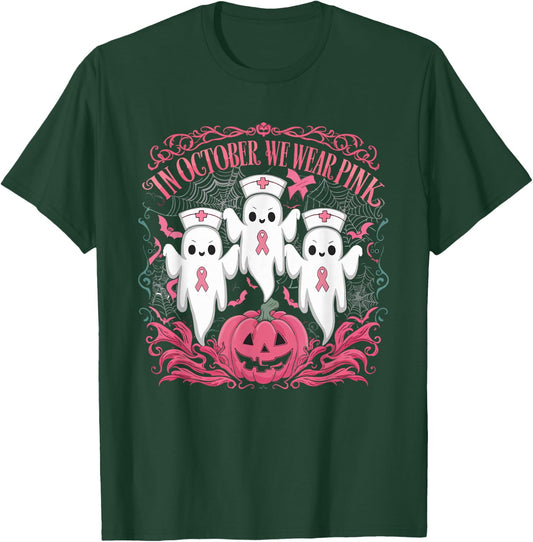 In October We Wear Pink Ribbon Nurse Ghost Halloween T-Shirt - T-Shirt | Forest