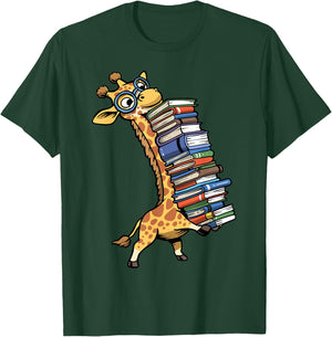 Teacher Shirt Giraffe Holding Books Funny Bookworm Librarian T-Shirt - T-Shirt | Forest