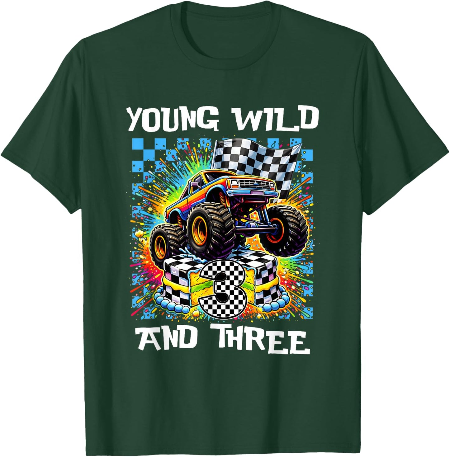Boy Kids 3rd Birthday Monster Truck Young Wild and Three T-Shirt - T-Shirt | Forest