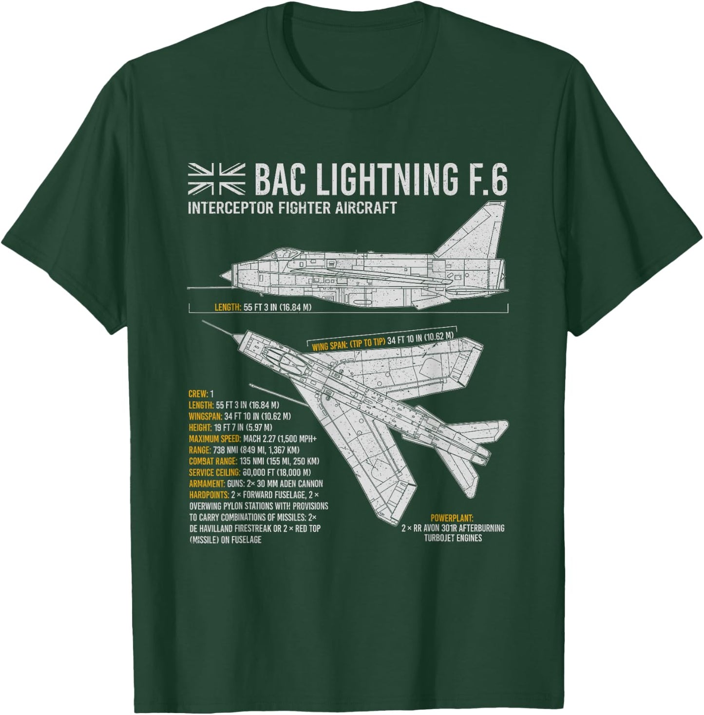 Lightning Aircraft Airplane Plane Blueprint Jet RAF BAC T-Shirt - T-Shirt | Forest