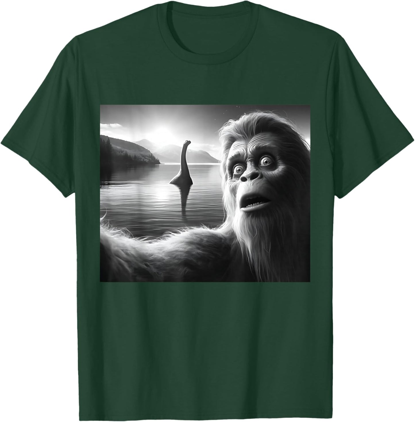 Funny Surprised Squatch Selfie with Loch Ness Monster Nessie T-Shirt - T-Shirt | Forest