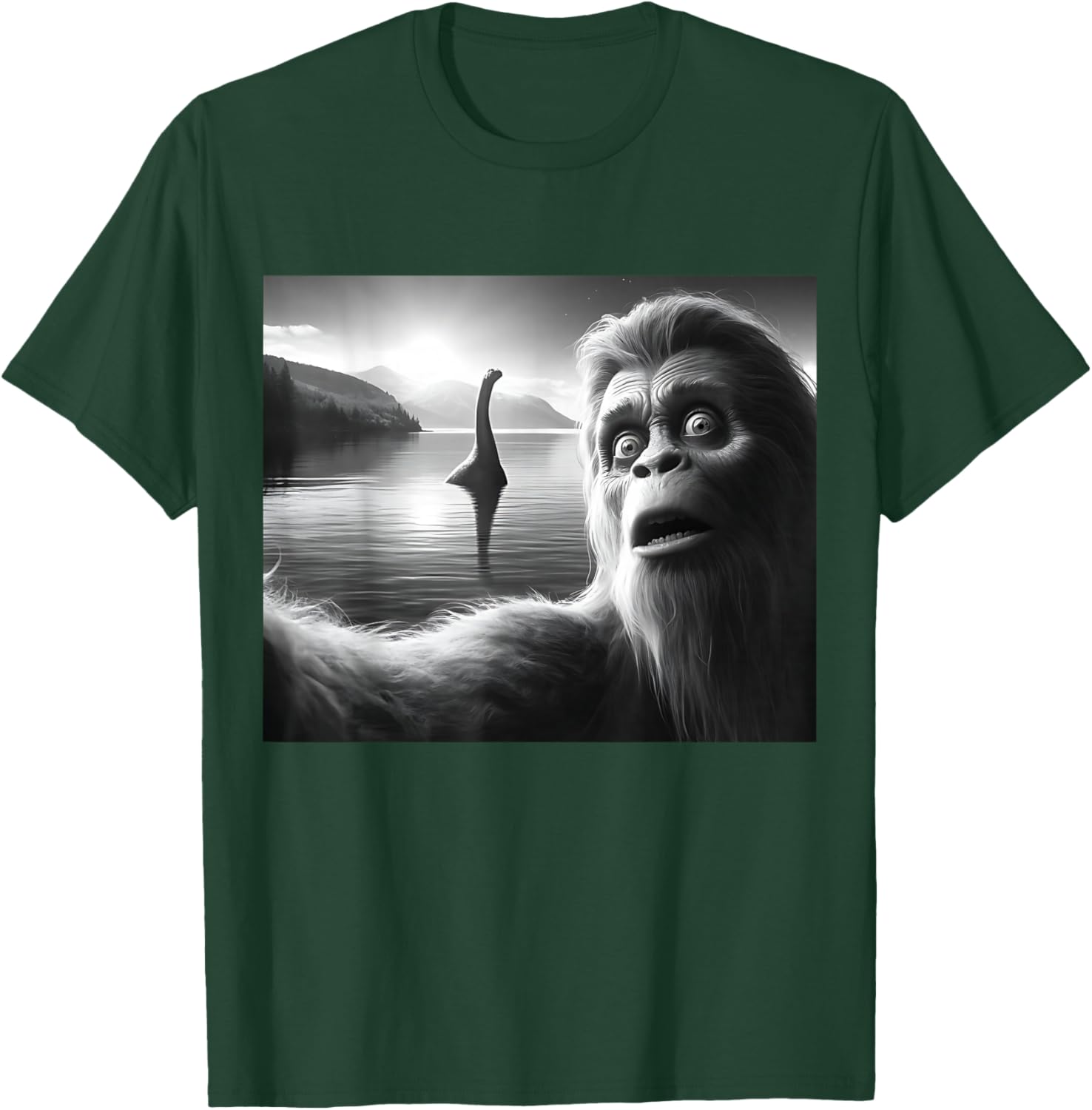 Funny Surprised Squatch Selfie with Loch Ness Monster Nessie T-Shirt - T-Shirt | Forest