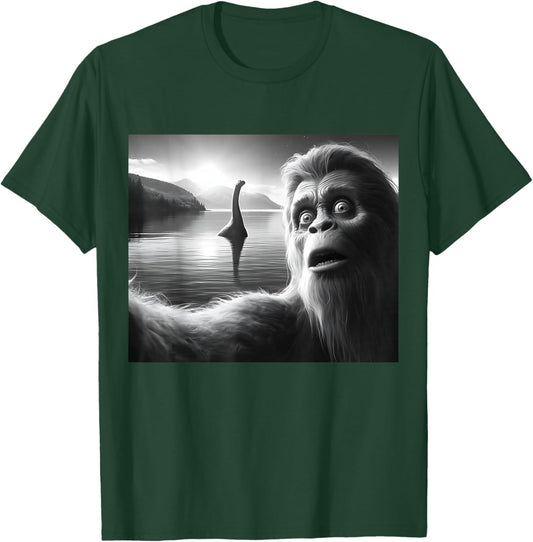 Funny Surprised Squatch Selfie with Loch Ness Monster Nessie T-Shirt - T-Shirt | Forest