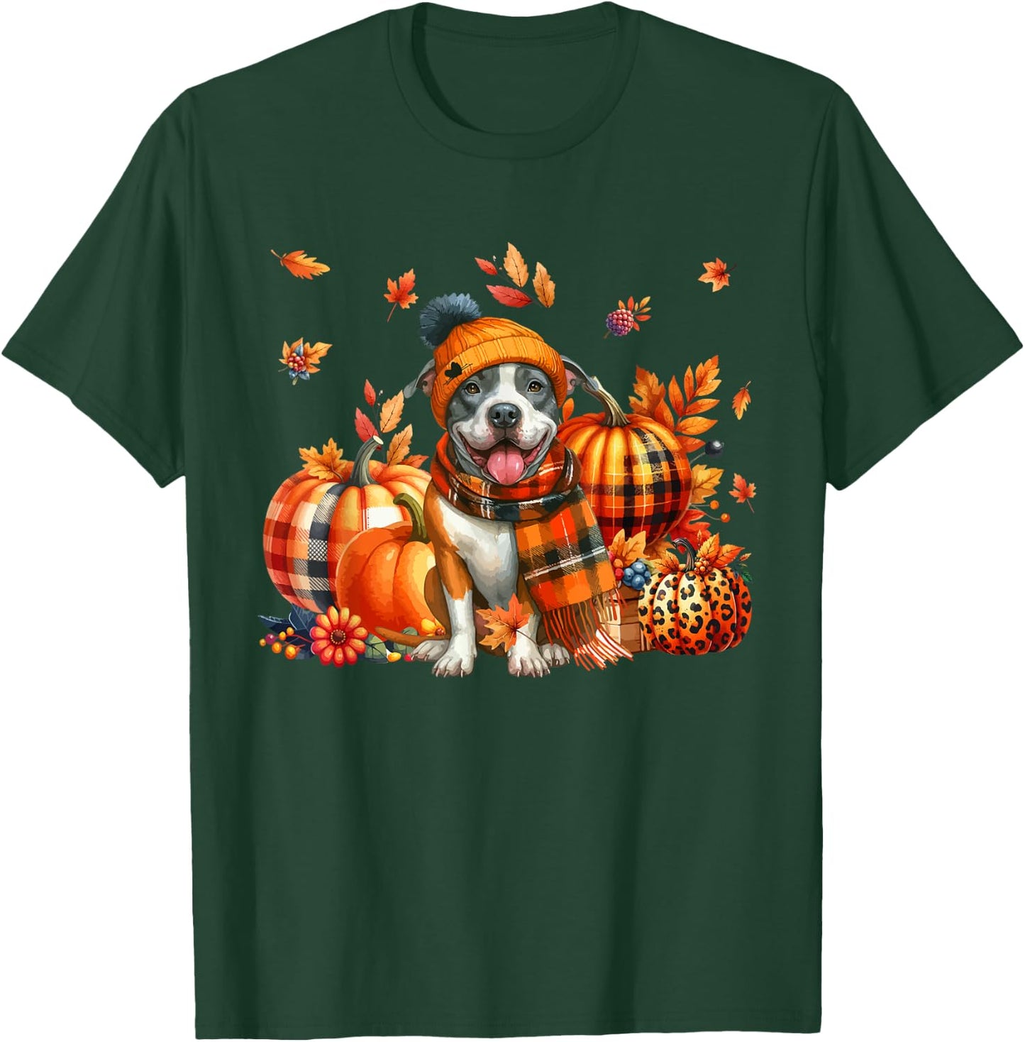 Pit Bull Thanksgiving Leopard Pumpkins Fall Leaves Lover T-Shirt - T-Shirt | Forest