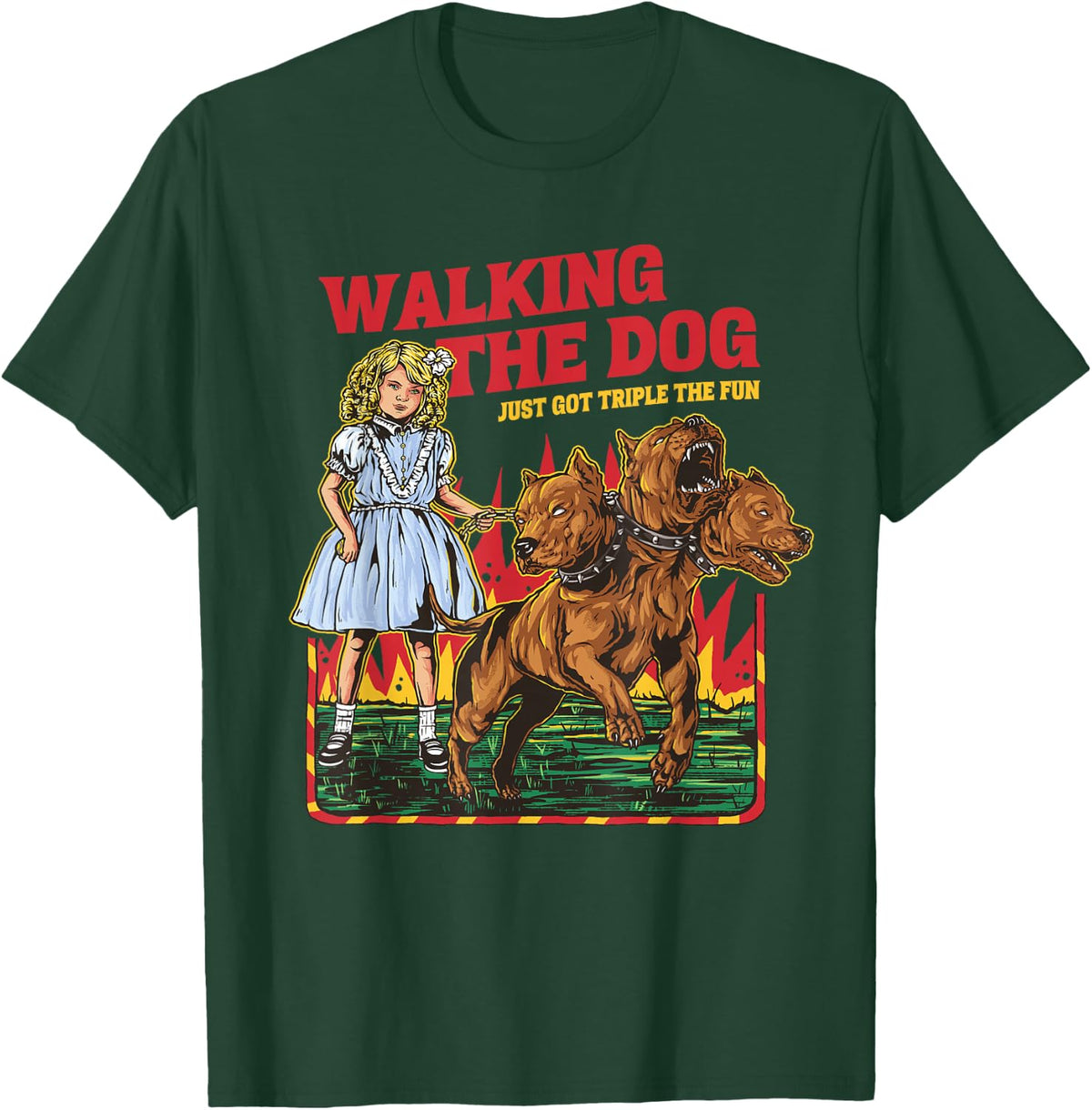 Walking The Dog Cerberus Funny Meme Graphic Vintage Retro T-Shirt - T-Shirt | Forest
