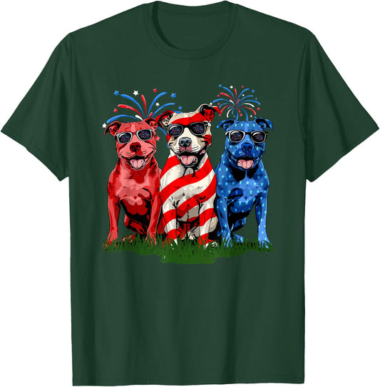 4th Of July Pitbull Patriotic American Flag Red White Blue Kids Men T-Shirt - T-Shirt | Forest