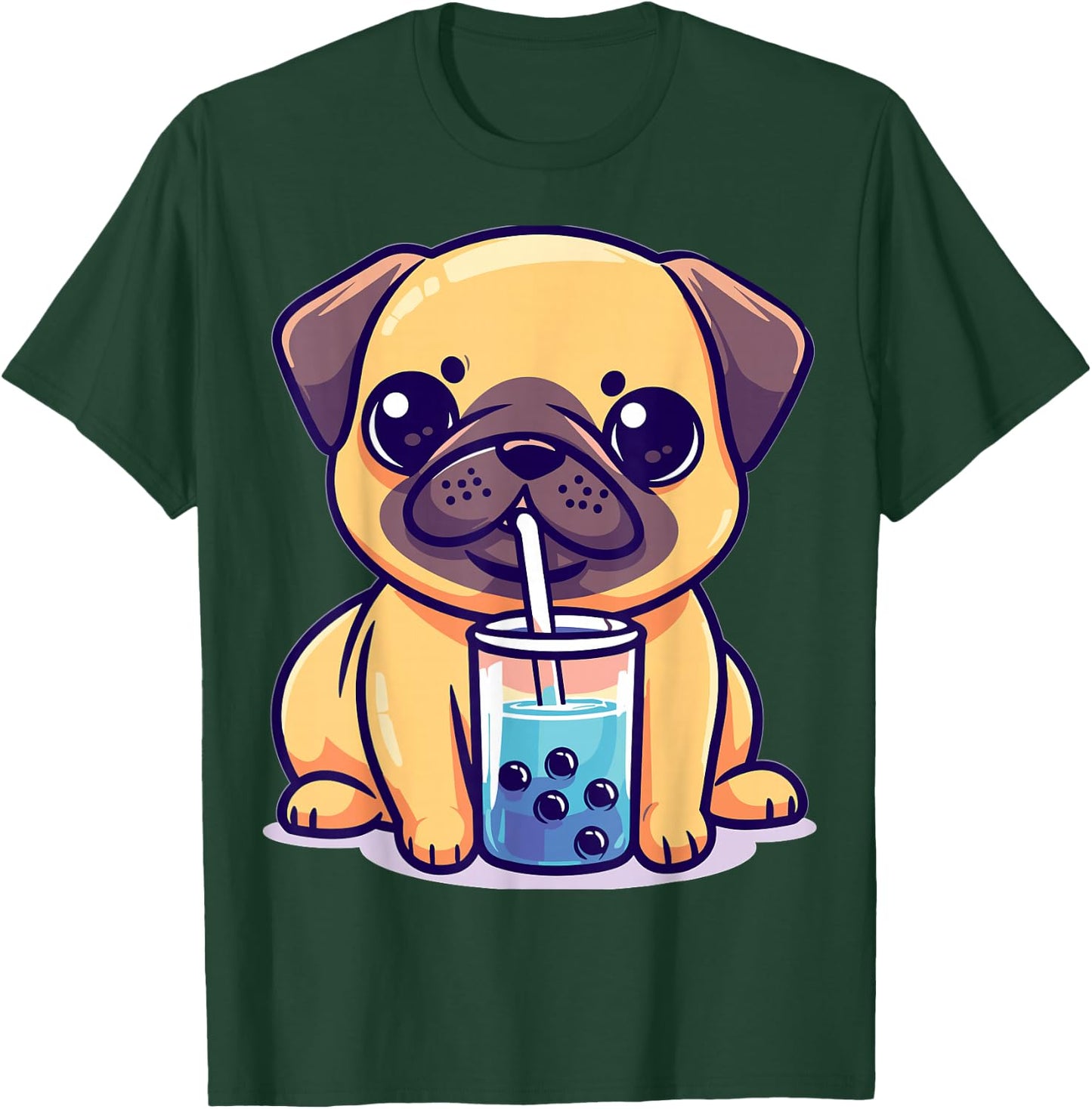 Kawaii Pug Puggy Dog Drinking Bubble Tea Boba Anime T-Shirt - T-Shirt | Forest