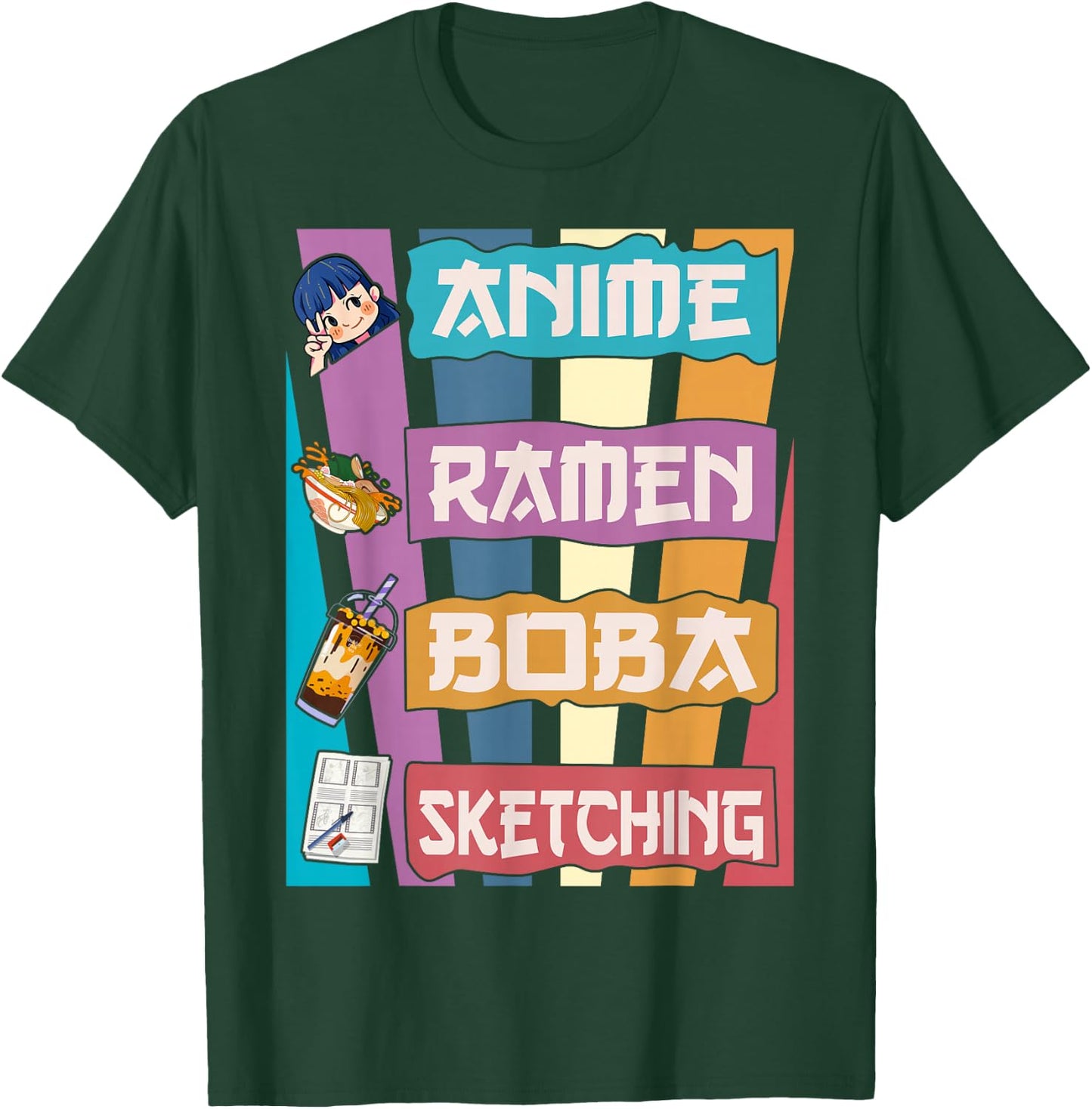 Anime Ramen Boba Sketching Kawaii Anime Lover Merch Gift T-Shirt - T-Shirt | Forest