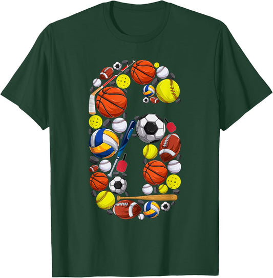 6 Years Old Sports Baller 6th Birthday Party Boys Kids T-Shirt - T-Shirt | Forest