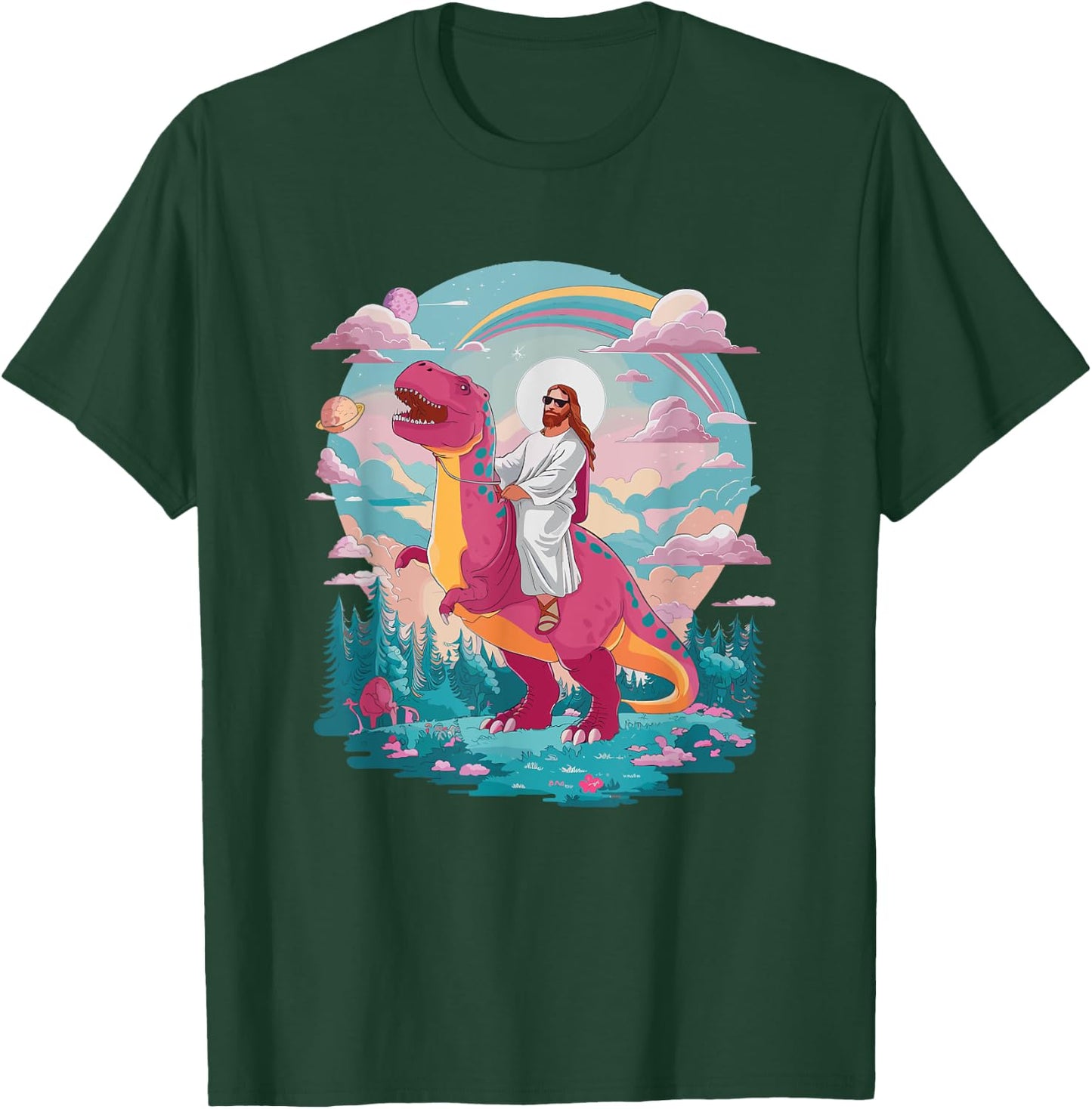 Funny Jesus Riding T-Rex Dinosaur Meme Parody for Believers T-Shirt - T-Shirt | Forest
