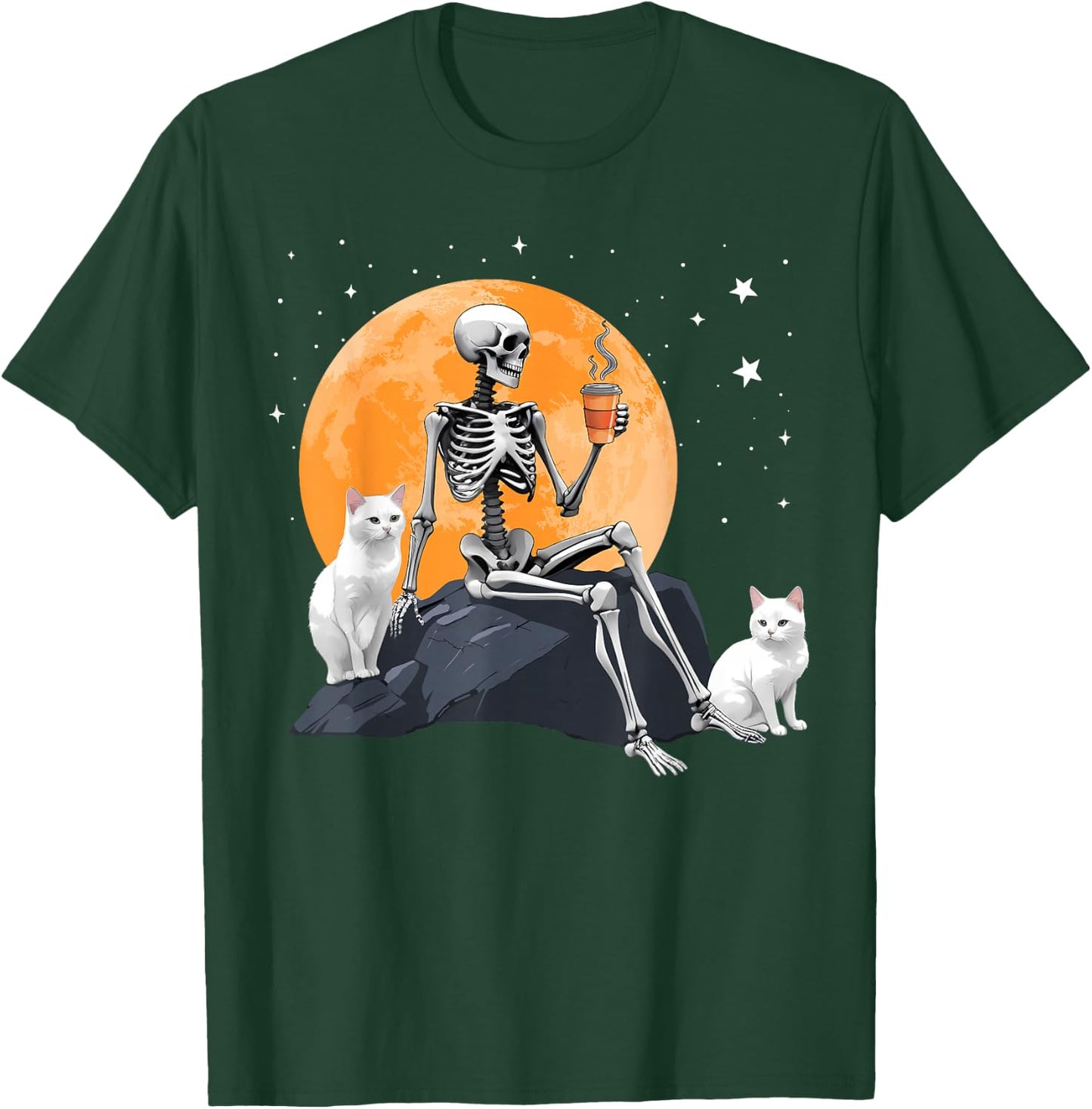 Cute Cat Kitten And Skeleton Drinking Coffee Halloween T-Shirt - T-Shirt | Forest
